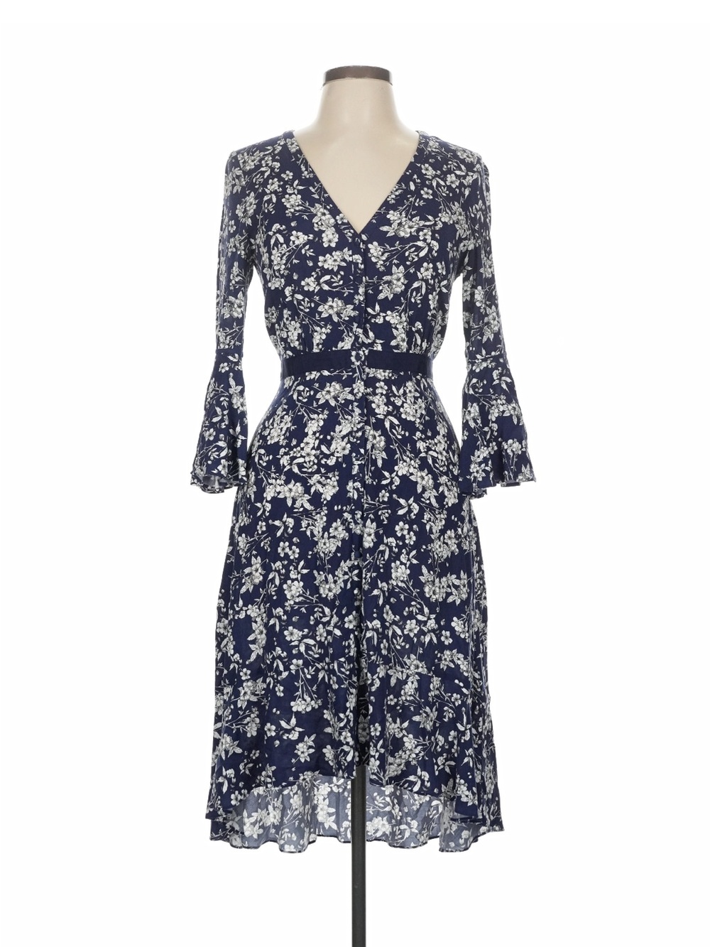 NWT LIKELY Navy White Floral Midi Dress Size 6 Bell Sleeve High Low Ruffle